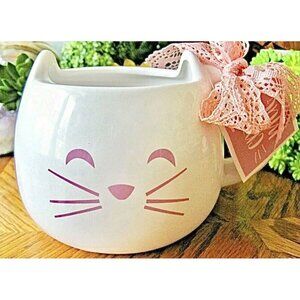 New XL Pink & White Cat Ceramic Coffee Tea Mug Cup w/ Bow